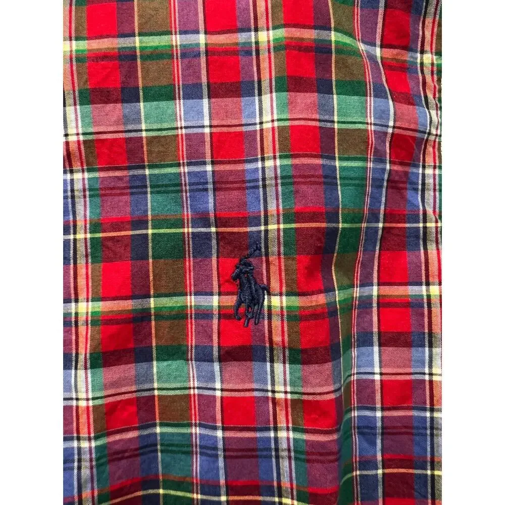 Ralph Lauren Shirt Boys Large 14-16 Red Blue Plaid Long Sleeve Button Down Pony